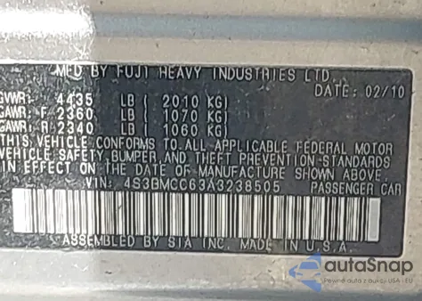 2010 Subaru Legacy 2.5I Premium из США, поврежденный, VIN 4S3BMCC63A3238505